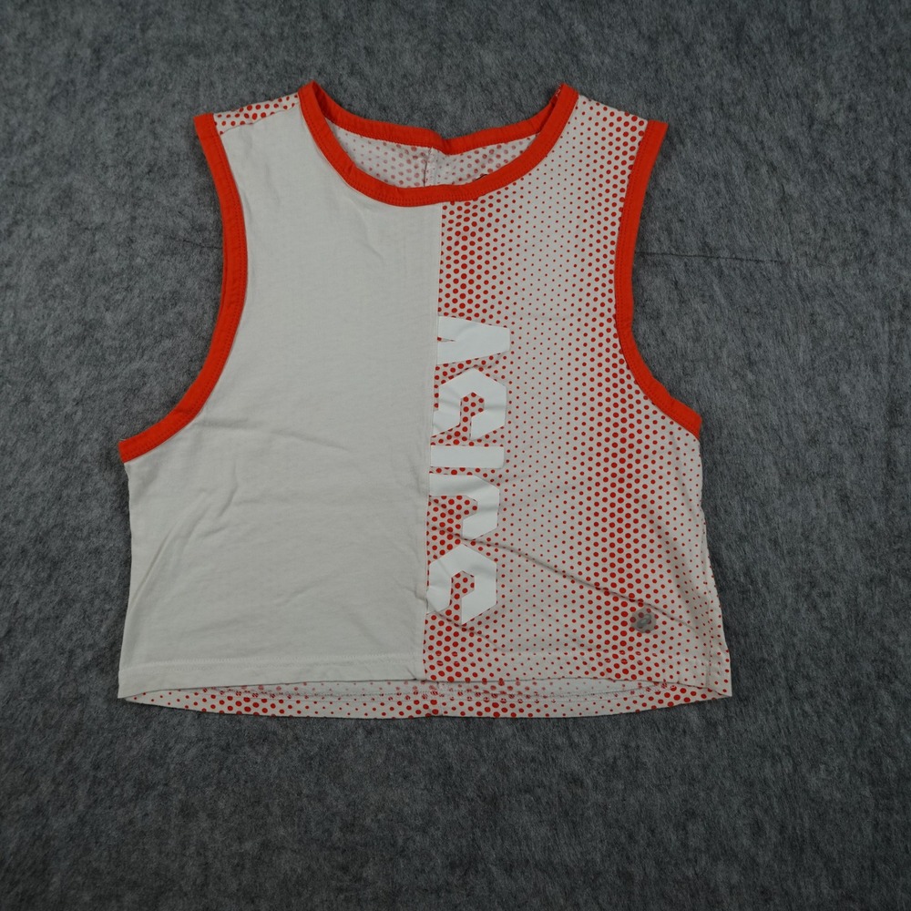 Asics Top Women Small White Orange Polka Dot Halftone Graphic Logo Crop Tank